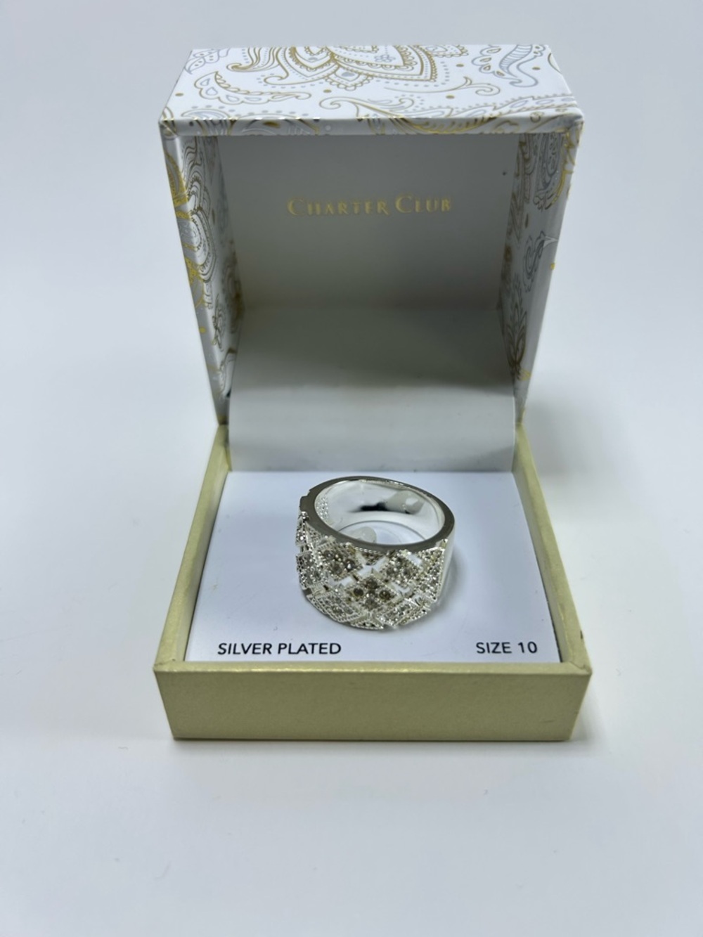 Charter Club Silver Wide Band Ring with Geometric Crystal Accents Silver Size 10 - Picture 9 of 9